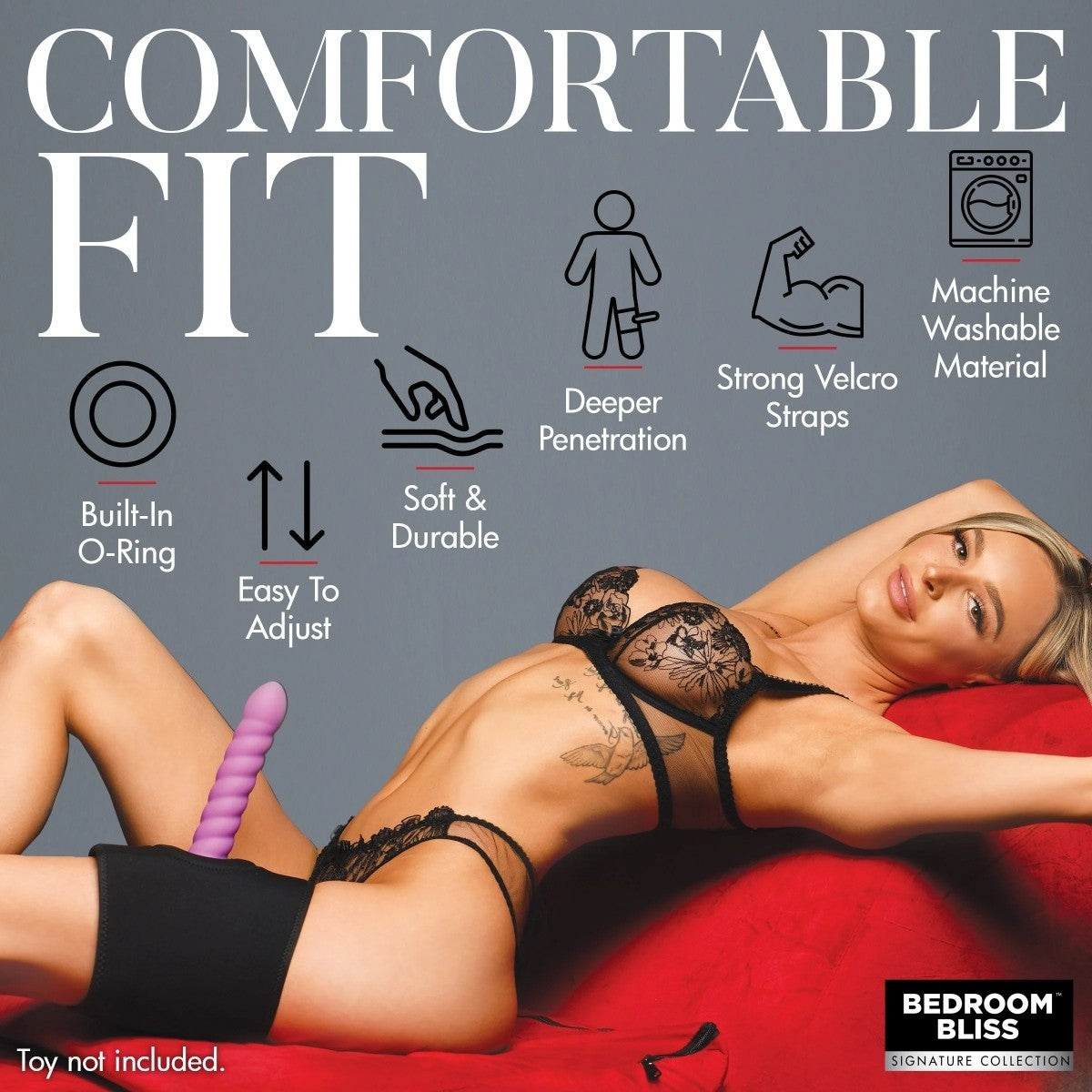 Advertisement for a product with text about features and a model wearing lingerie.