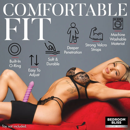Advertisement for a product with text about features and a model wearing lingerie.