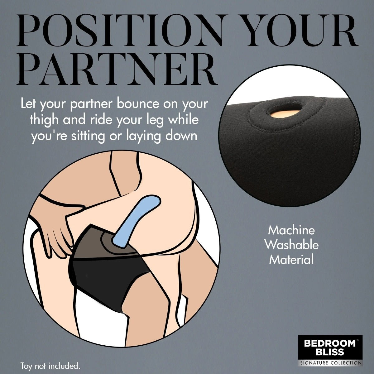 Product advertisement for a toy designed to help with sexual positioning, featuring text and illustrations on a gray background.