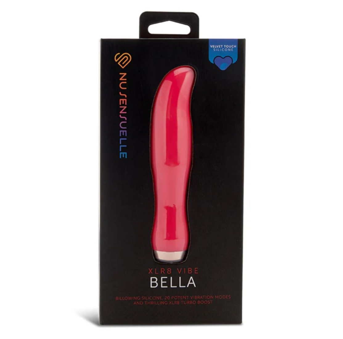 Red vibrating device in black packaging with 'Nu sensuelle' branding on a white background