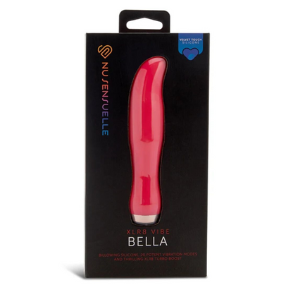Red vibrating device in black packaging with 'Nu sensuelle' branding on a white background