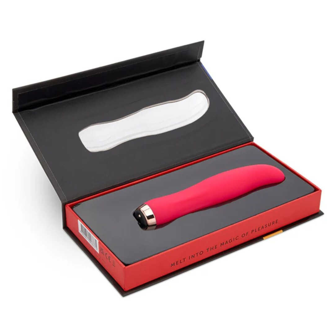 Red electronic massager with black accents in a red box on a white background
