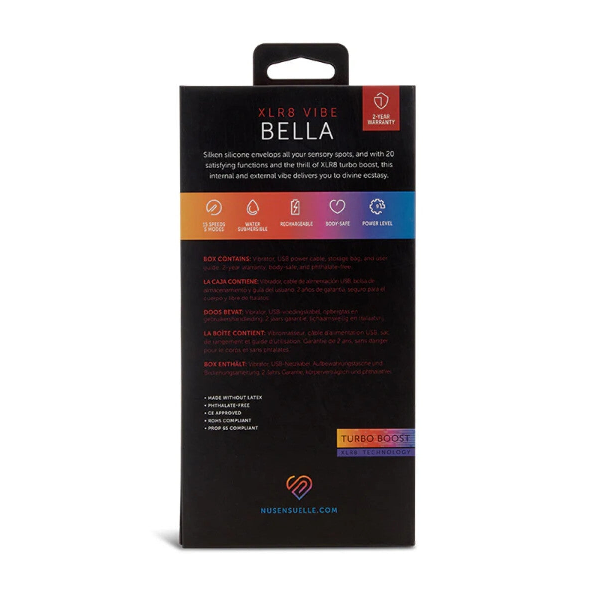 Black packaging box for XLR8 Vibe Bella with colorful text and branding on a white background