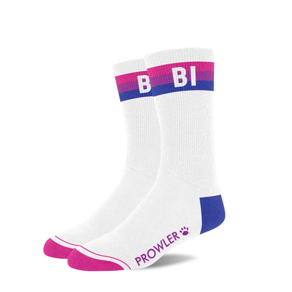 White sock with bisexual pride band and 'Prowler' branding on a white background