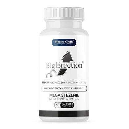 Bottle of Big Erection supplement by Medica Group on a white background