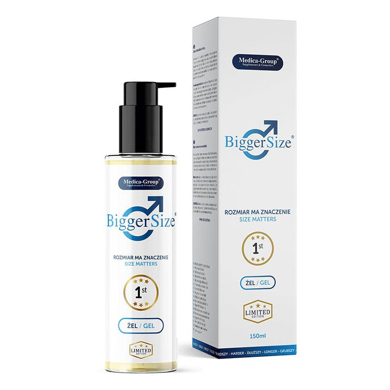 Bigger Size gel bottle and packaging on a white background