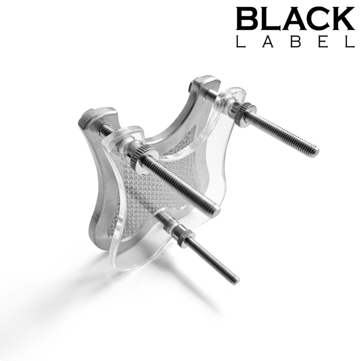 A clear plastic and silver metal ball smasher with three threaded metal rods, shown on a white background with the text 'BLACK LABEL' in the top right corner.