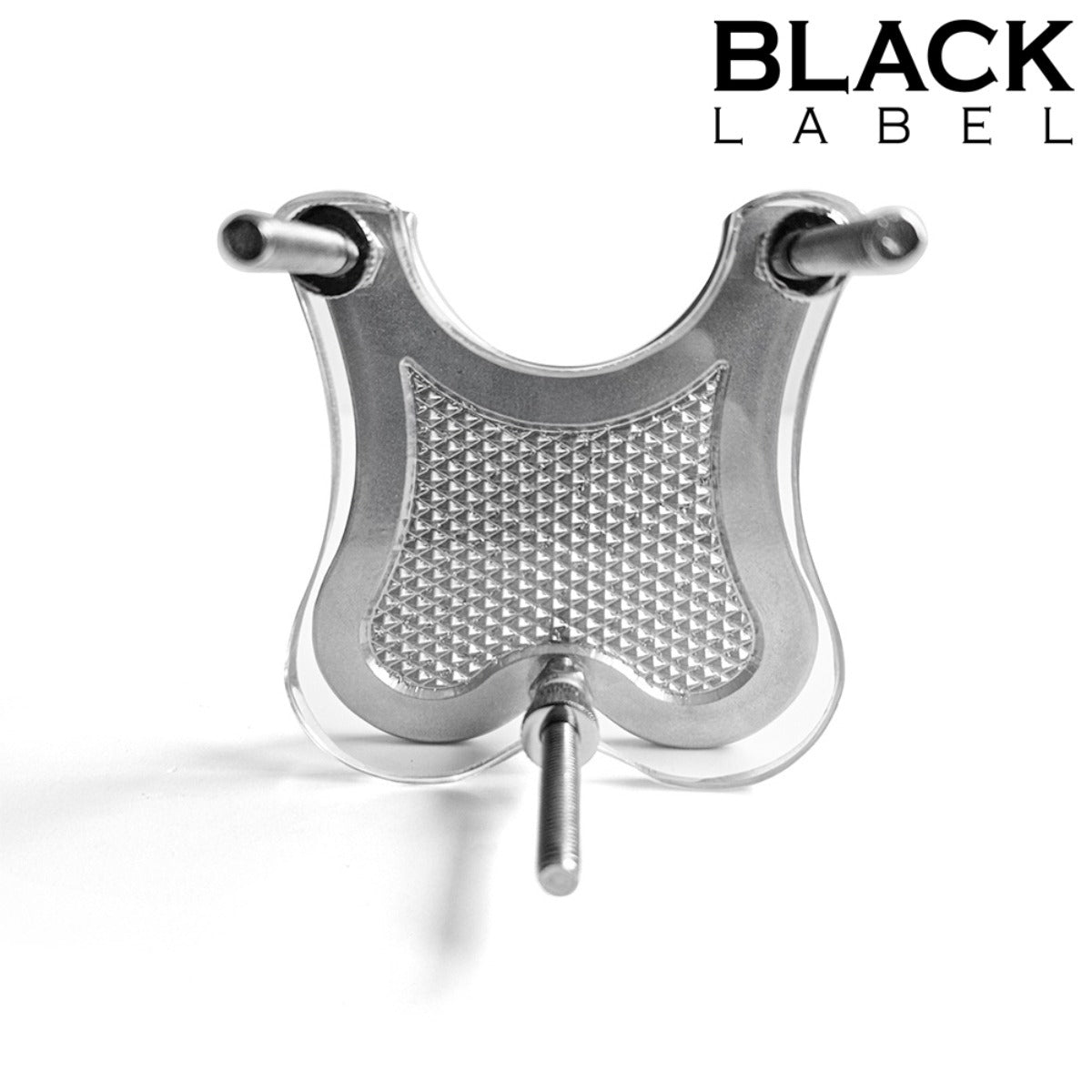 A clear plastic and silver metal ball smasher with three threaded metal rods, shown on a white background with the text 'BLACK LABEL' in the top right corner.