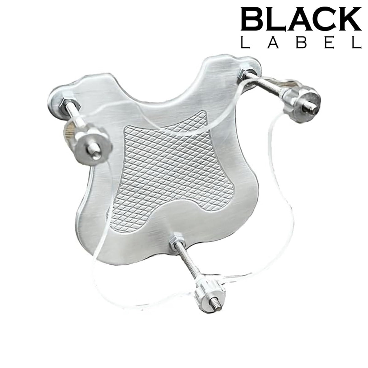 A clear plastic and silver metal ball smasher with three threaded metal rods, shown on a white background with the text 'BLACK LABEL' in the top right corner.