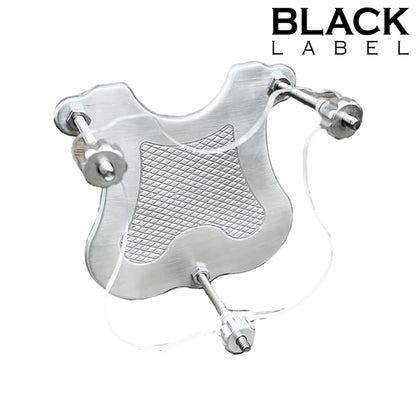 A clear plastic and silver metal ball smasher with three threaded metal rods, shown on a white background with the text 'BLACK LABEL' in the top right corner.