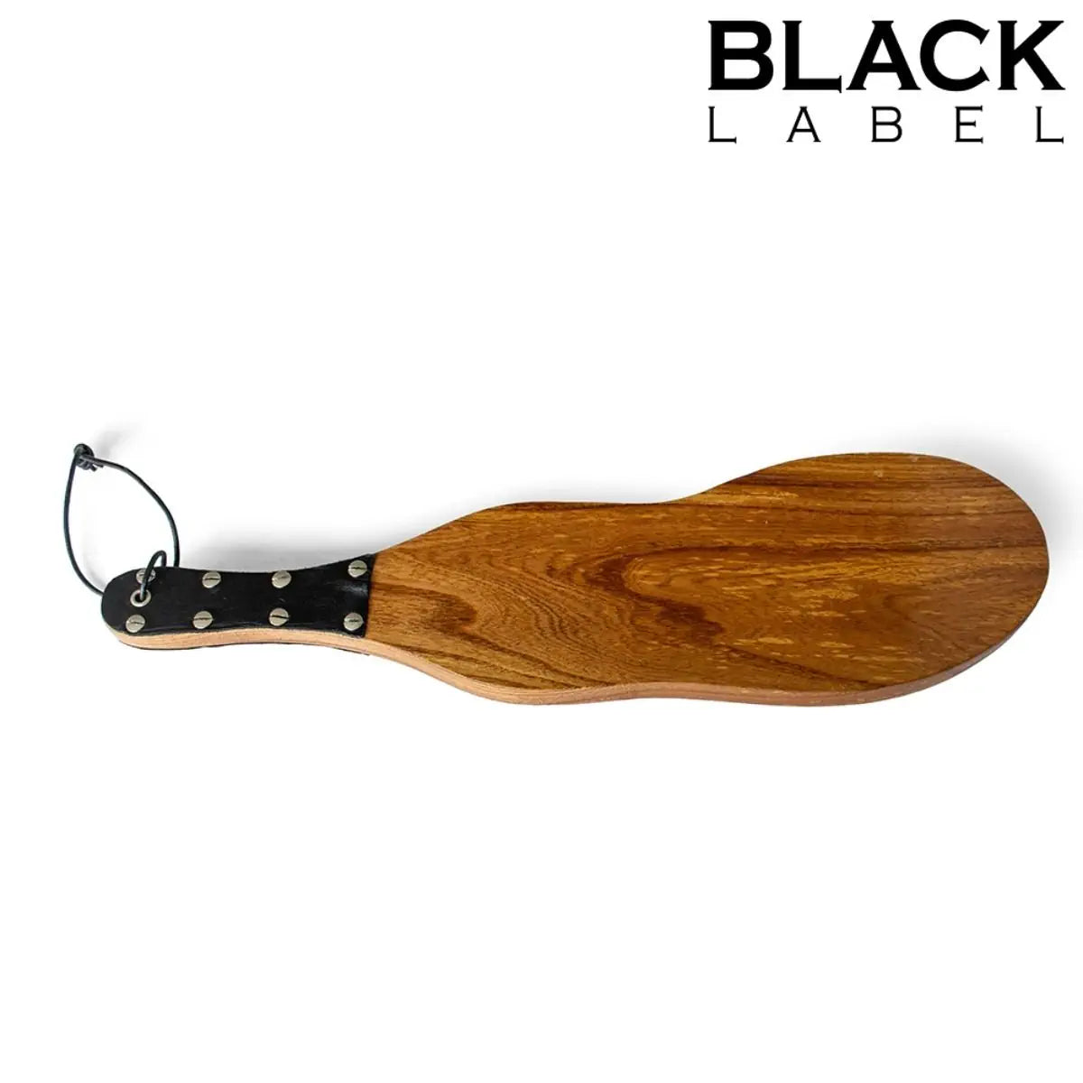 Wooden paddle with leather handle on a white background, branded 'Black Label'.