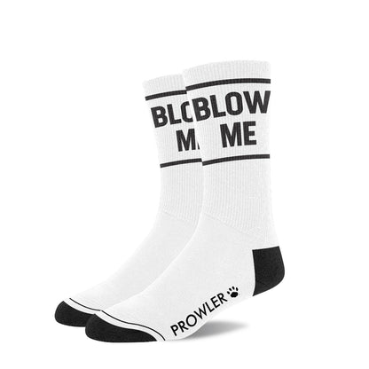 White socks with black text and branding on a white background