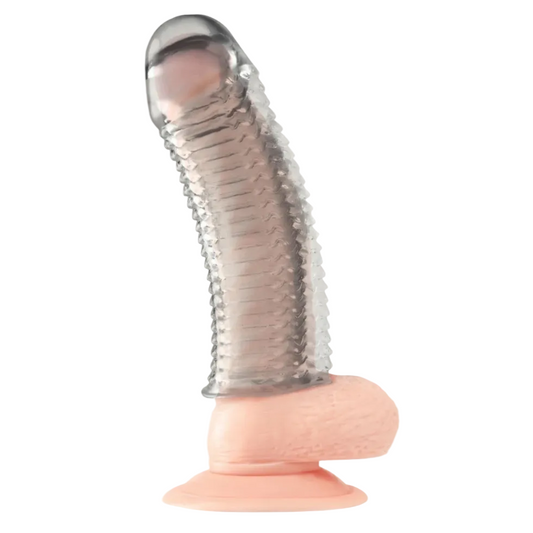 Silicone penis extender sleeve with clear and pink elements on a white background