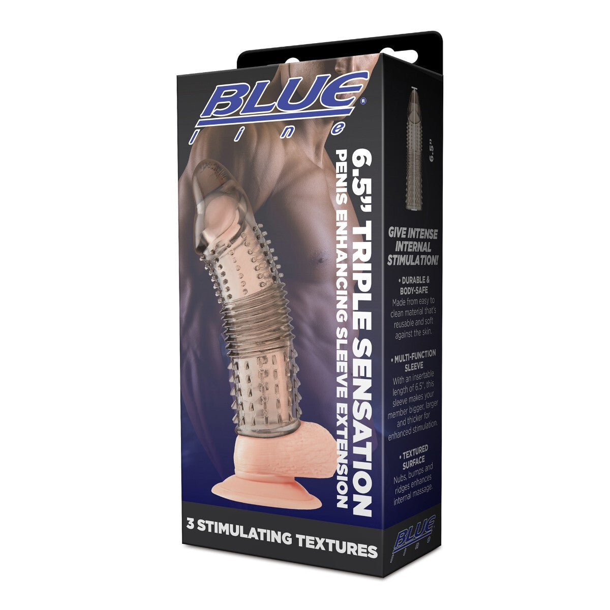 Product packaging for a 6.5-inch triple sensation sleeve extension with 'Blue Line' branding.