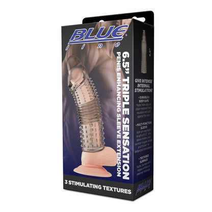 Product packaging for a 6.5-inch triple sensation sleeve extension with 'Blue Line' branding.