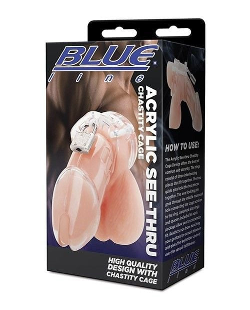 Blue Line Clear Acrylic Cock Penis Chastity Cage Lock Key BDSM Fetish Bondage