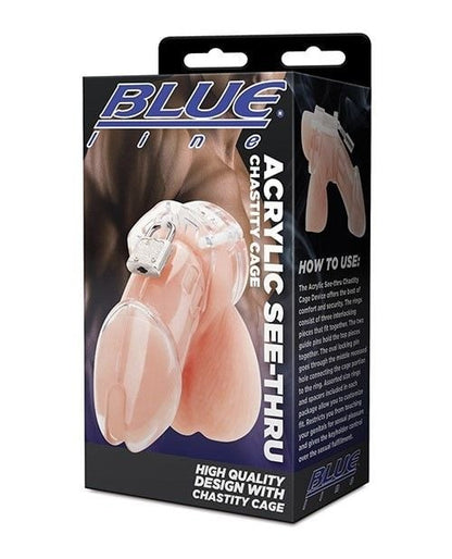 Blue Line Clear Acrylic Cock Penis Chastity Cage Lock Key BDSM Fetish Bondage