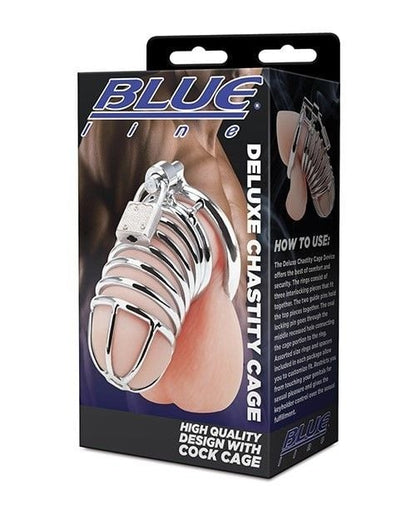 Boxed product for a chastity cage with 'Blue Line' branding.