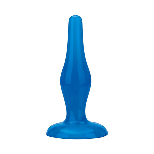 Blue silicone butt plug on a white background