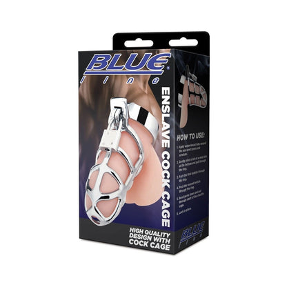 Box of Blue Enslave Cock Cage with product image and branding on a white background
