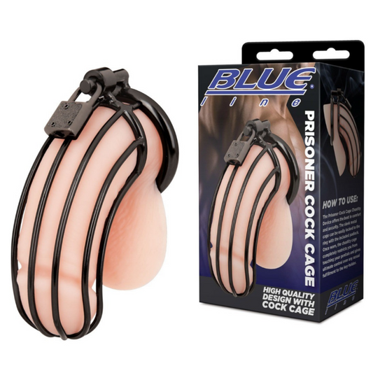 Prisoner cock chastity cage with packaging displaying 'BLUE LINE' branding.