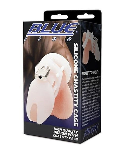 Silicone chastity cage packaging with 'Blue Line' branding on a white background