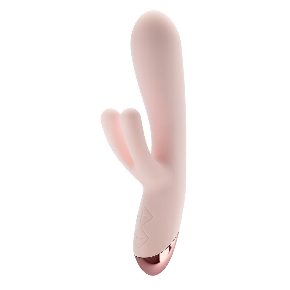 Pink and rose gold electronic massager on a white background