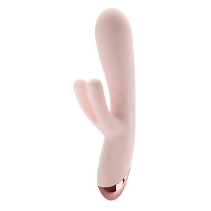 Pink and rose gold electronic massager on a white background