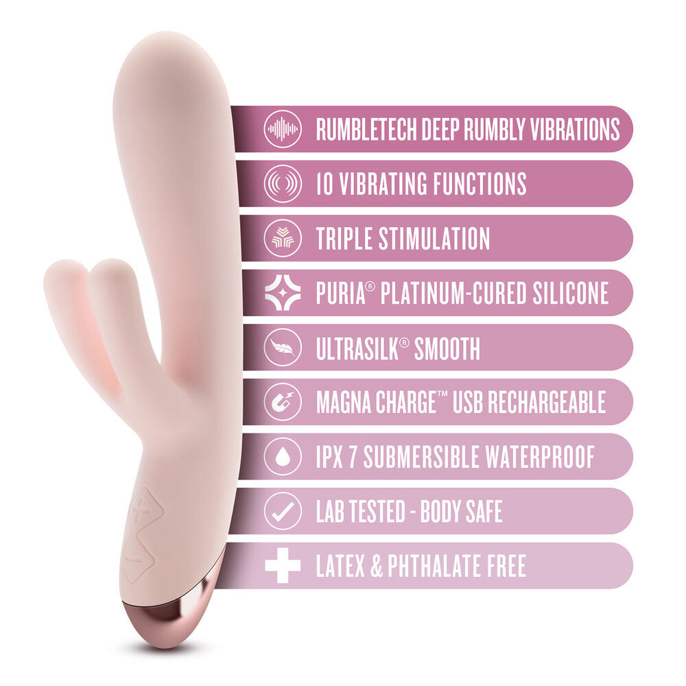 Pink rabbit-shaped vibrator with feature list on a white background