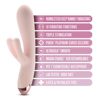 Pink rabbit-shaped vibrator with feature list on a white background