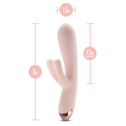 Pink and rose gold massage device with measurements on a white background