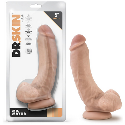 Blush Novelties Dr. Skin Mr. Mayor 9 Inch Realistic Suction Cup Dildo With Balls packaging on a white background