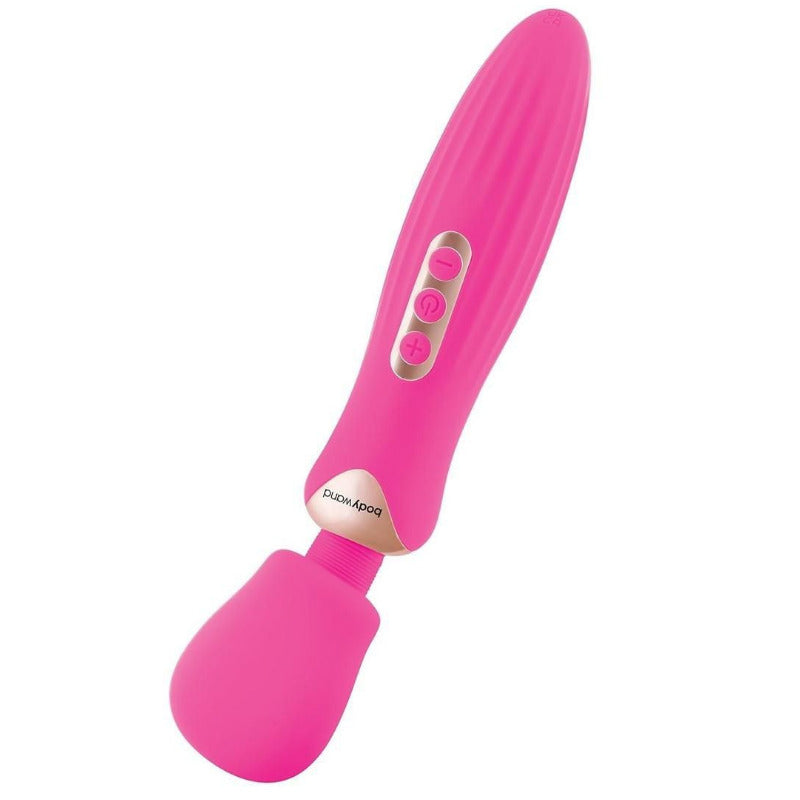 Pink electronic massage wand with buttons on a white background
