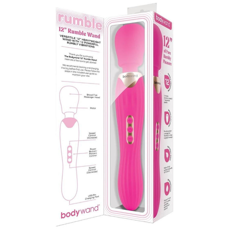 Pink 'rumble' wand with packaging on a white background