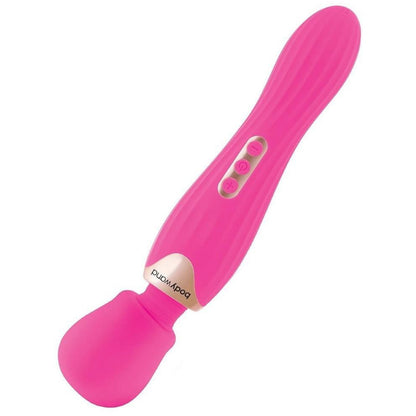 Pink handheld massager with brand logo on a white background