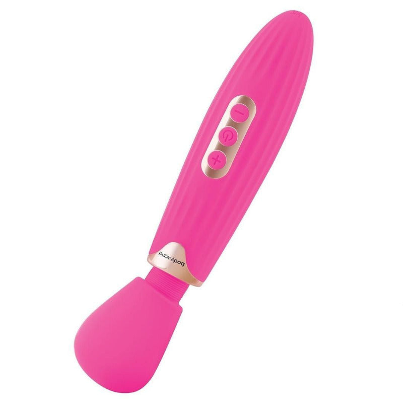 Pink electronic vibrator with buttons on a white background