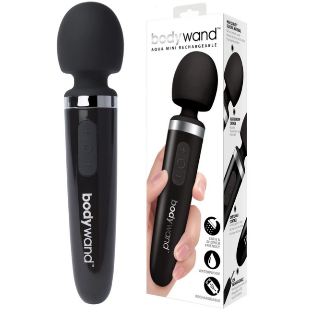 Black 'bodywand' device with packaging on a white background