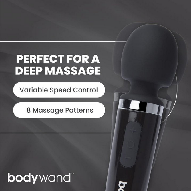 Black massage wand with text on a dark background, featuring the brand 'bodywand'.