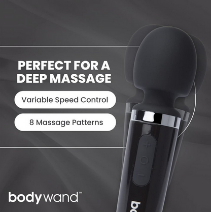 Black massage wand with text on a dark background, featuring the brand 'bodywand'.