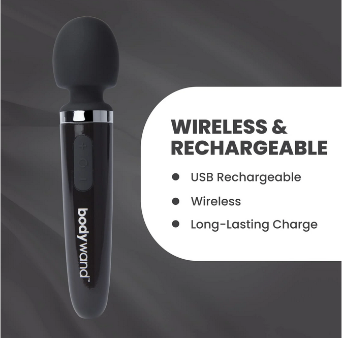 Black handheld massager with 'bodywand' branding on a dark background, featuring text about wireless and rechargeable properties.