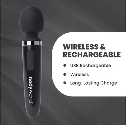 Black handheld massager with 'bodywand' branding on a dark background, featuring text about wireless and rechargeable properties.