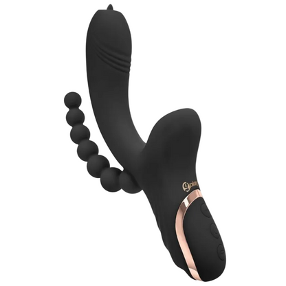Black and rose gold G-Spot toy with spherical attachments on a white background
