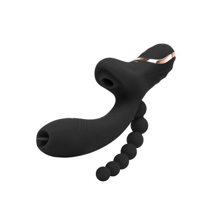 Black silicone sex toy with multiple nozzles on a white background