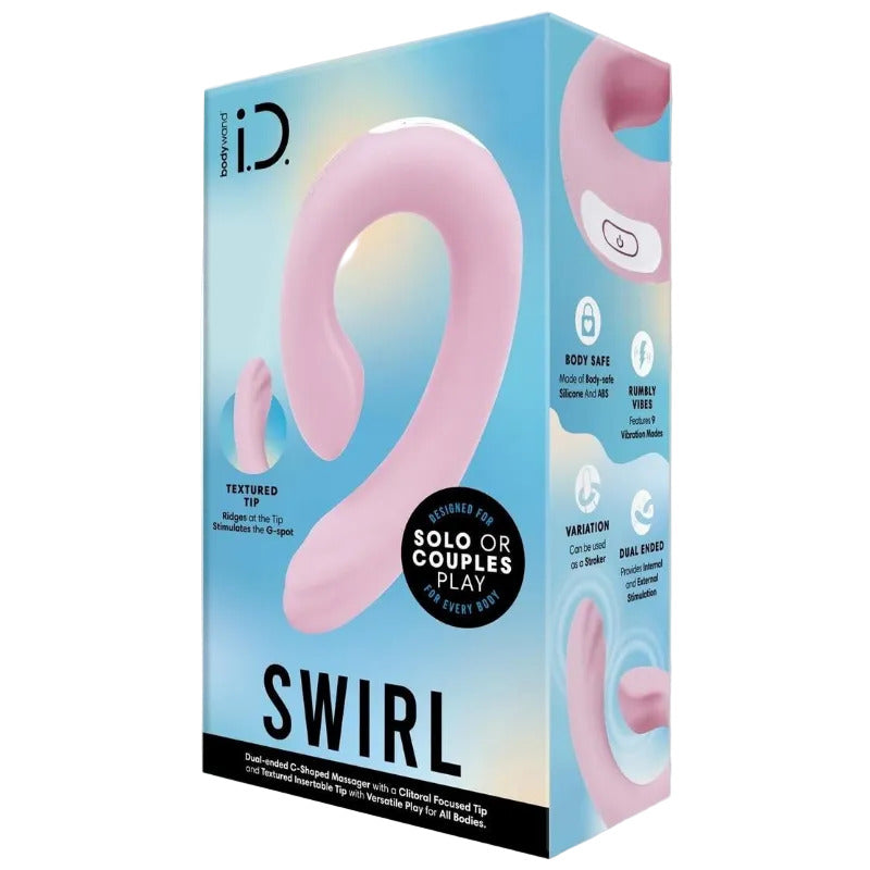 Product packaging for a pink 'Swirl' toy with branding on a white background