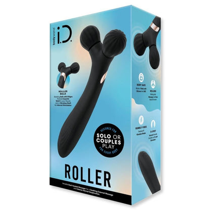 Boxed roller massager with branding and text on a white background