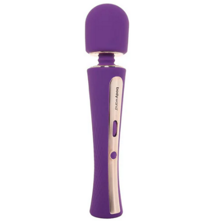 Purple and gold handheld electronic massage wand on a white background