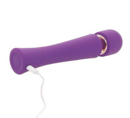 Purple electronic device with a white cable on a white background
