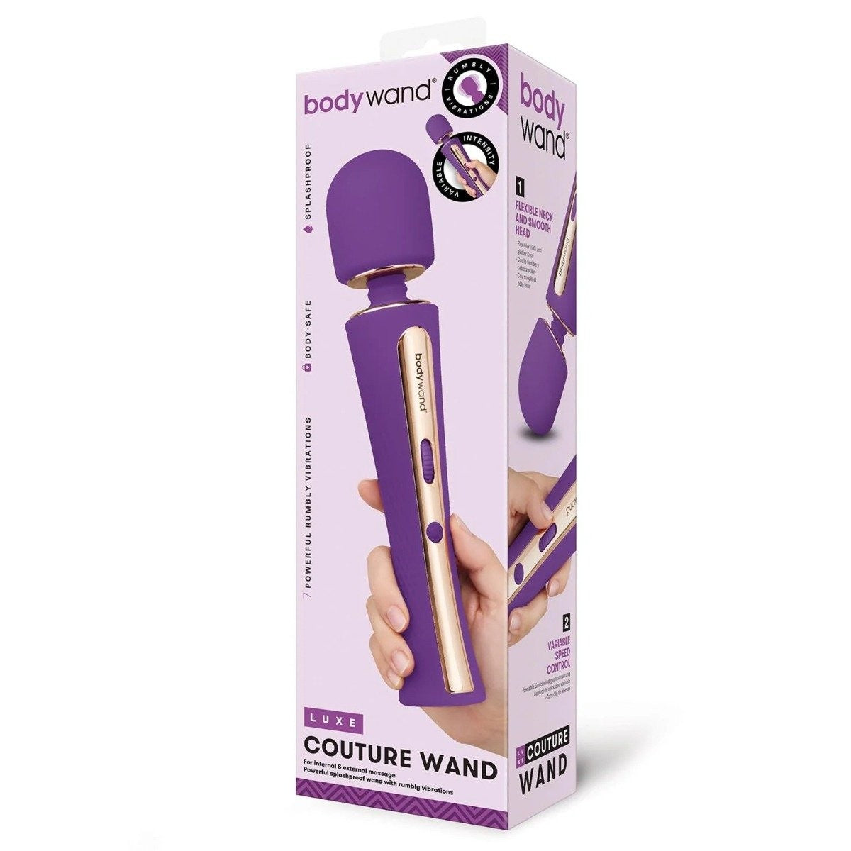 Purple and gold 'body wand' packaging on a white background