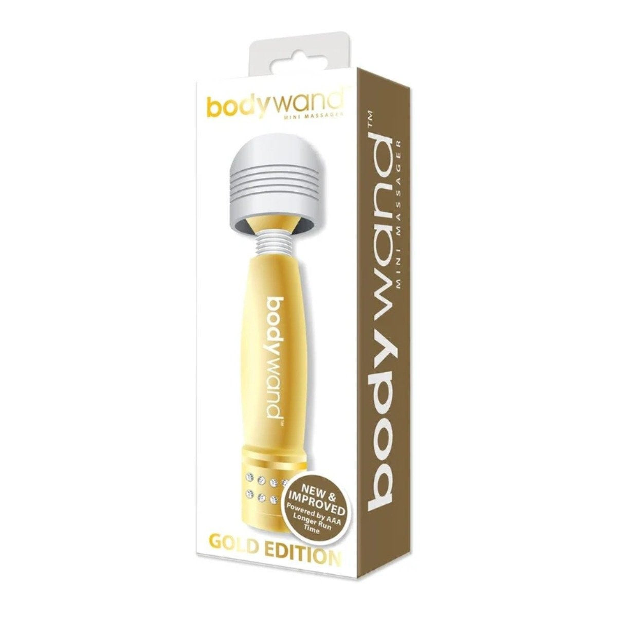 Gold bodywand with packaging on a white background