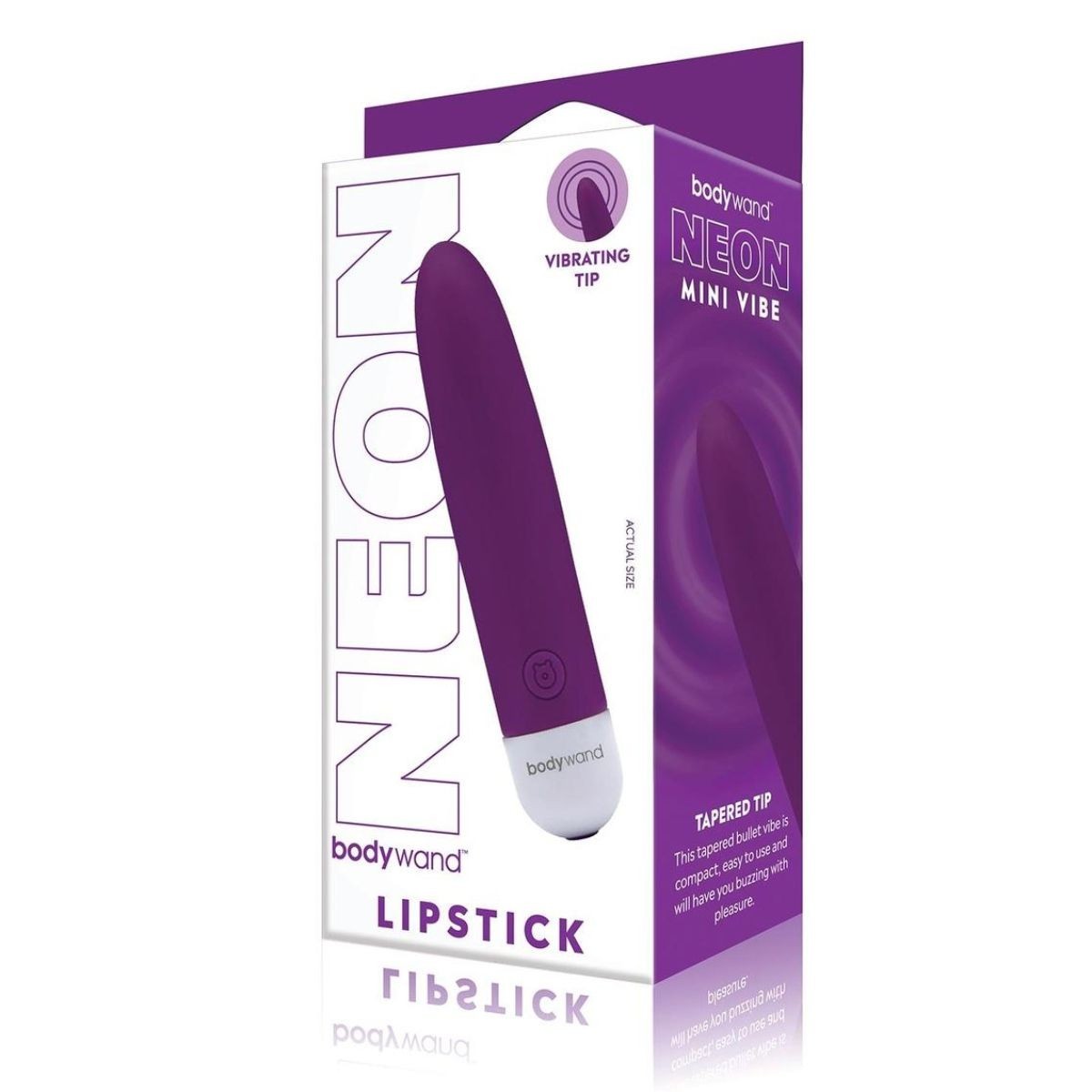 Purple 'bodywand' mini vibe with packaging on a white background